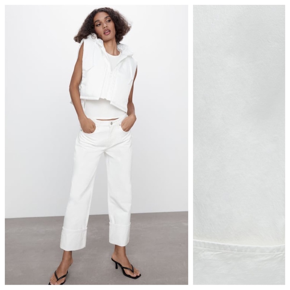 NWT. Zara White Wide-Leg Ankle-Length Turn Up Cropped Jeans. Size 6.